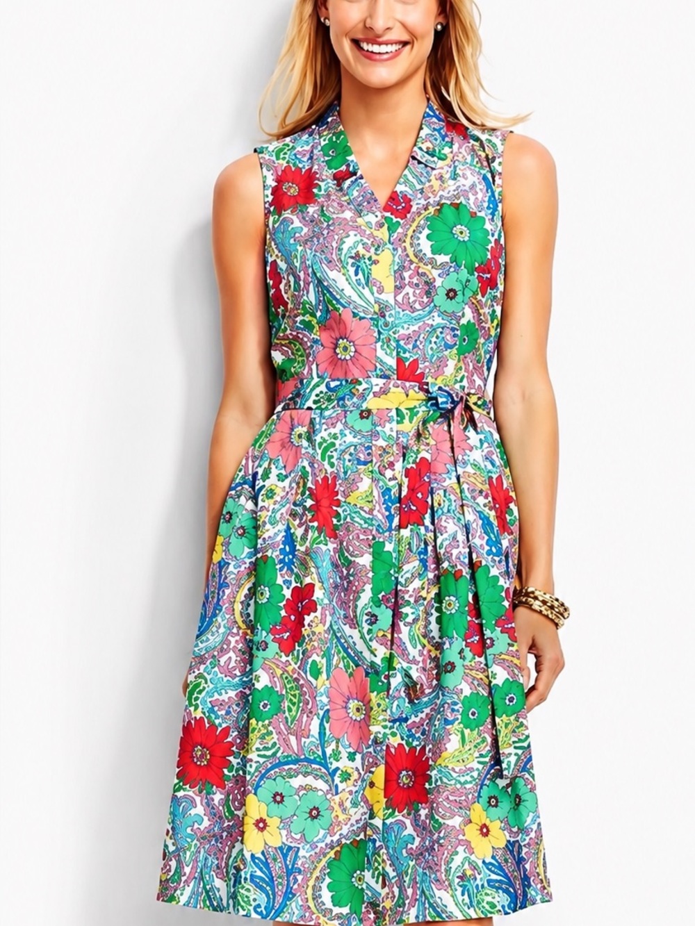 Talbots Petites 2P Floral Paisley Shirt Dress 100% Cotton Pockets Bright Pleated